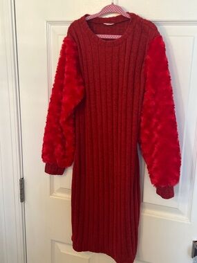 Red Ribbed Sweater Dress with Faux Fur Sleeves